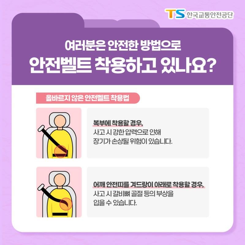 여러분은 안전한 방법으로 안전벨트 착용하고 있나요? 올바르지 않은 안전벨트 착용법 복부에 착용할 경우, 사고 시 강한 압력으로 인해 장기가 손상될 위험이 있습니다. 어깨 안전띠를 겨드랑이 아래로 착용할 경우, 사고 시 갈비뼈 골절 등의 부상을 입을 수 있습니다.