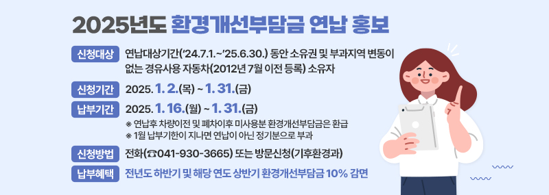 2025년도 환경개선부담금 연납 홍보 -신청대상:연납대상기간(‘24.7.1.~’25.6.30.) 동안 소유권 및 부과지역 변동이 없는 경유사용 자동차(2012년 7월 이전 등록) 소유자 -신청기간:2025. 1. 2.(목) ~ 1. 31.(금) -납부기간:2025. 1. 16.(월) ~ 1. 31.(금) ※ 연납후 차량이전 및 폐차이후 미사용분 환경개선부담금은 환급 ※ 1월 납부기한이 지나면 연납이 아닌 정기분으로 부과 -신청방법:전화(☎041-930-3665) 또는 방문신청(기후환경과) -납부혜택:전년도 하반기 및 해당 연도 상반기 환경개선부담금 10% 감면