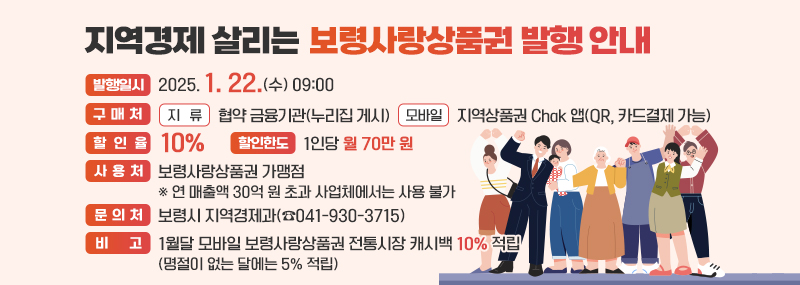 지역경제 살리는 보령사랑상품권 발행 안내 -발행일시:2025. 1. 22.(수) 09:00 -구매처:[지류]협약 금융기관(누리집 게시) [모바일]지역상품권 Chak 앱(QR, 카드결제 가능) -할인율:10% -할인한도:1인당 월 70만 원 -사용처:보령사랑상품권 가맹점 ※ 연 매출액 30억 원 초과 사업체에서는 사용 불가 -문의처:보령시 지역경제과(☎041-930-3715) -비고:1월달 모바일 보령사랑상품권 전통시장 캐시백 10% 적립(명절이 없는 달에는 5% 적립)