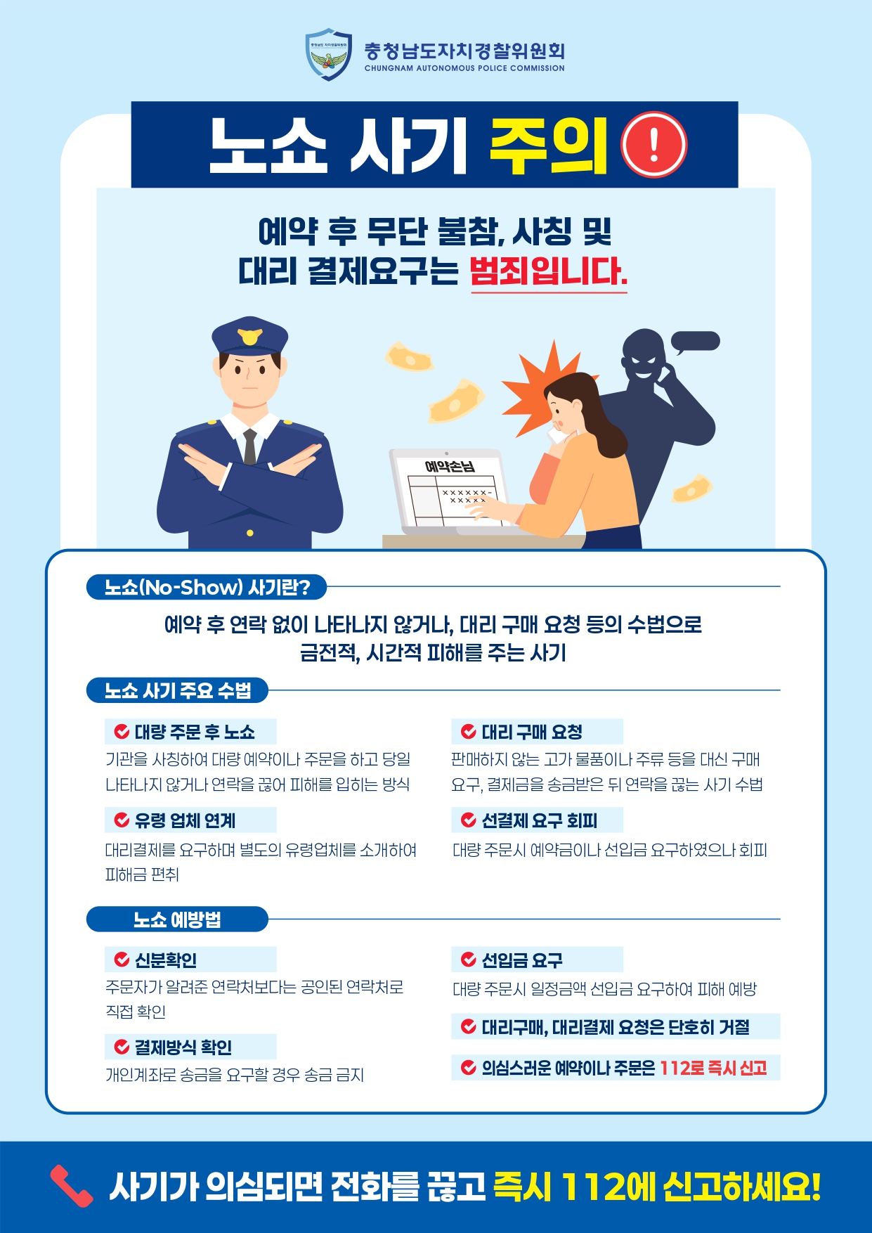 충청남도자치경찰위원회 노쇼 사기 주의! 예약 후 무단 불참, 사칭 및 대리 결제요구는 범죄입니다. 노쇼(No-Show)사기란? 예약 후 연락 없이 나타나지 않거나, 대리 구매 요청 등의 수법으로 금전적, 시간적 피해를 주는 사기 노쇼 사기 주요 수법 -대량 주문 후 노쇼: 기관을 사칭하여 대량 예약이나 주문을 하고 당일 나타나지 않거나 연락을 끊어 피해를 입히는 방식 대리 구매 요청: 판매하지 않는 고가 물품이나 주류 등을 대신 구매 요구, 결제금을 송금받은 뒤 연락을 끊는 사기 수법 유령 업체 연계: 대리결제를 요구하며 별도의 유령업체를 소개하여 피해금 편취 선결제 요구 회피: 대량 주문시 예약금이나 선입금 요구하였으나 회피 노쇼 예방법 신분확인: 주문자가 알려준 연락처보다는 공인된 연락처로 직접 확인 선입금 요구: 대량 주문시 일정금액 선입금 요구하여 피해 예방 결제방식 확인: 개인계좌로 송금을 요구할 경우 송금 금지 대리구매, 대리결제 요청은 단호히 거절 의심스러운 예약이나 주문은 112로 즉시 신고 사기가 의심되면 전화를 끊고 즉시 112에 신고하세요!