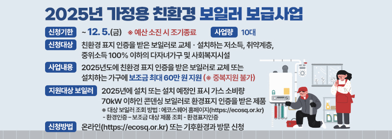 2025년 가정용 친환경 보일러 보급사업 -신청기한:~ 12. 5.(금) ※ 예산 소진 시 조기종료 -사업량:10대 -신청대상:친환경 표지 인증을 받은 보일러로 교체ㆍ설치하는 저소득, 취약계층, 중위소득 100% 이하의 다자녀가구 및 사회복지시설 -사업내용:2025년도에 친환경 표지 인증을 받은 보일러로 교체 또는 설치하는 가구에 보조금 최대 60만 원 지원 (※ 중복지원 불가) -지원대상 보일러:2025년에 설치 또는 설치 예정인 표시 가스 소비량 70kW 이하인 콘덴싱 보일러로 환경표지 인증을 받은 제품  ※ 대상 보일러 조회 방법 : 에코스퀘어 홈페이지(https://ecosq.or.kr) - 환경인증 – 보조금 대상 제품 조회 - 환경표지인증 -신청방법:온라인(https://ecosq.or.kr) 또는 기후환경과 방문 신청